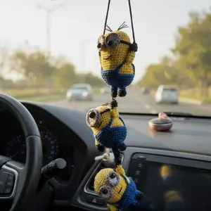 Handmade Minion-Inspired Crochet Car Hanging – Cute Triple Amigurumi Rearview Mirror Decoration