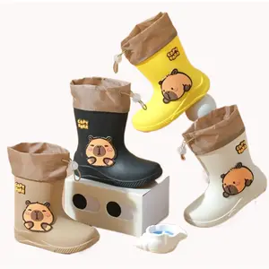 Kids’ favorite capybara rain boots! PVC Material Mid-Calf Waterproof Shoelace Breathable Lining Non-Slip Sole Adjustable Durable Suitable for Boys and Girls
