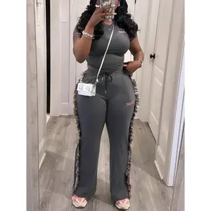 Women's Letter Embroidery Fringe Trim Sweatpants Set, Casual Street Short Sleeve T-shirt & Tie Front Trousers for Daily Wear, Ladies Summer  Clothes