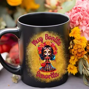 Muy Bonita Senorita Black Mug, La Catrina Ceramic Mug, Sugar Skull Coffee Cup, Day Of The Dead, Dia De Los Muertos, Calavera, Mexican #400