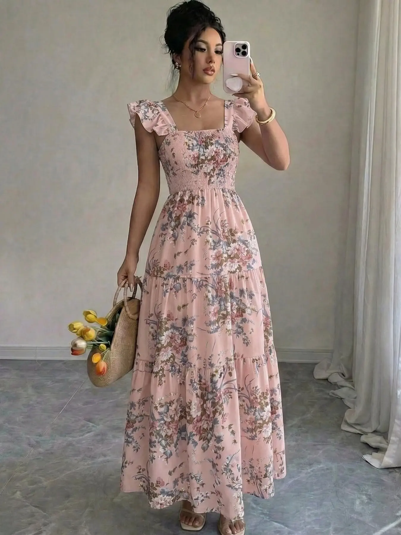 Women's Spaghetti Strap Smocked Floral Tiered Ruffle Midi Dress Square Neck Open Back Ruffle Trim