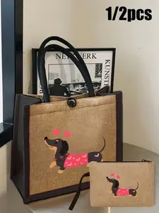 Cartoon dog pattern tote bag with makeup pouch, heart dachshund letter tote bag, dachshund print linen tote bag - reusable shopping bag, shoulder strap, backpack, vintage double-handle backpack, gift for friends, family, and classmates, Trendy Tote Bag