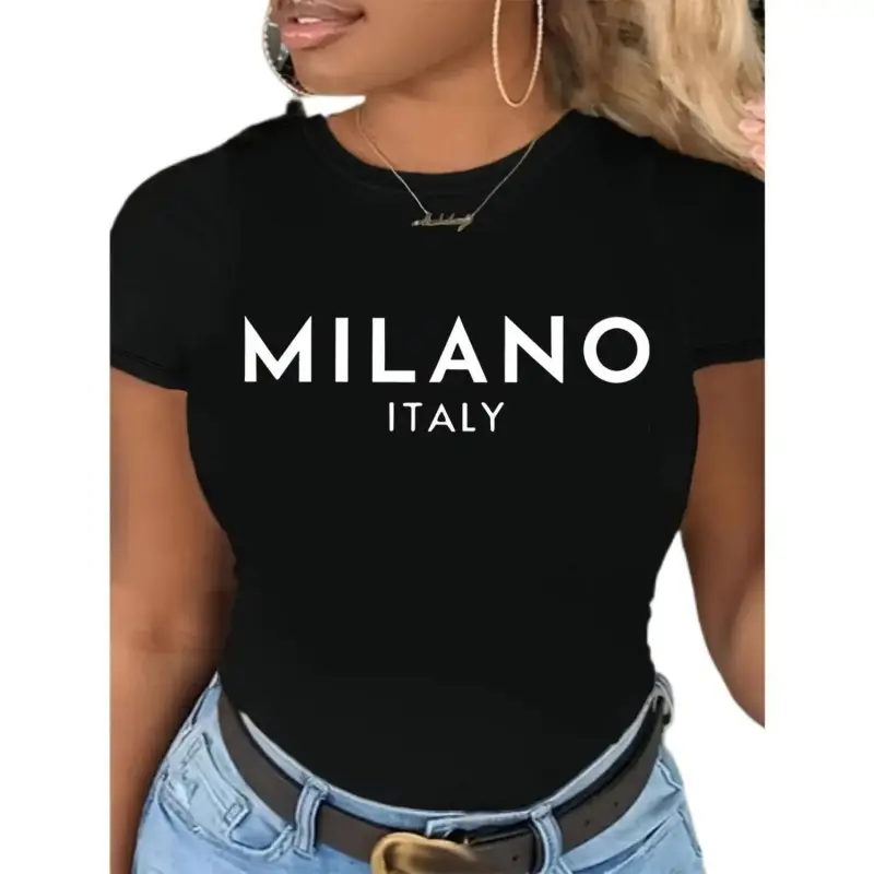 Milano Cotton T-Shirt - Streetwear Casual Sports Outerwear, Shortsleeve Round Neck Black Italy Letter Print Clothes