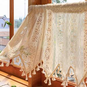vintage tassels boho linen short curtain, 1 count modern simple  natural window curtain, home decor for living room bedroom kitchen