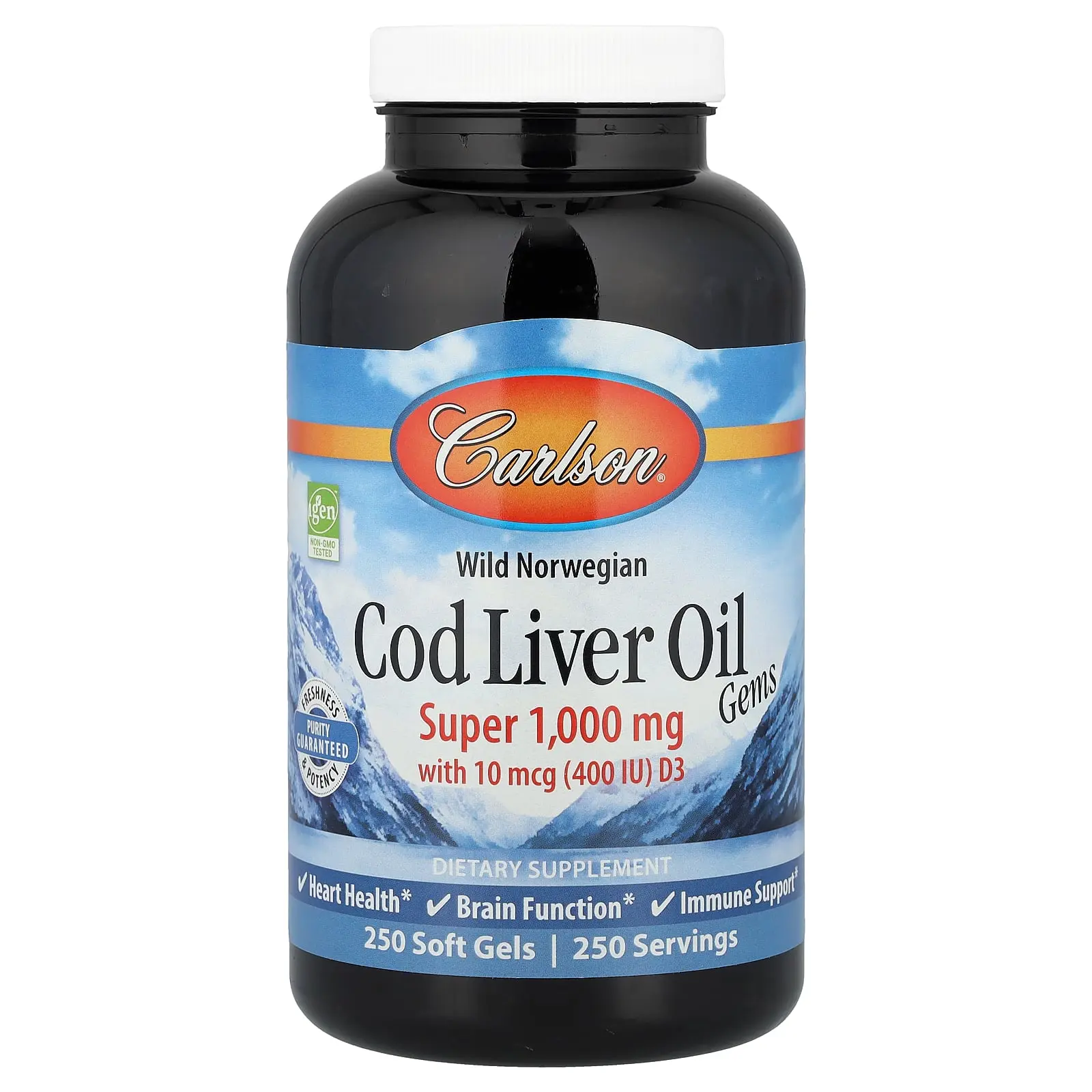 Carlson Wild Norwegian, Cod Liver Oil Gems, 1,000 mg, 250 Soft Gels