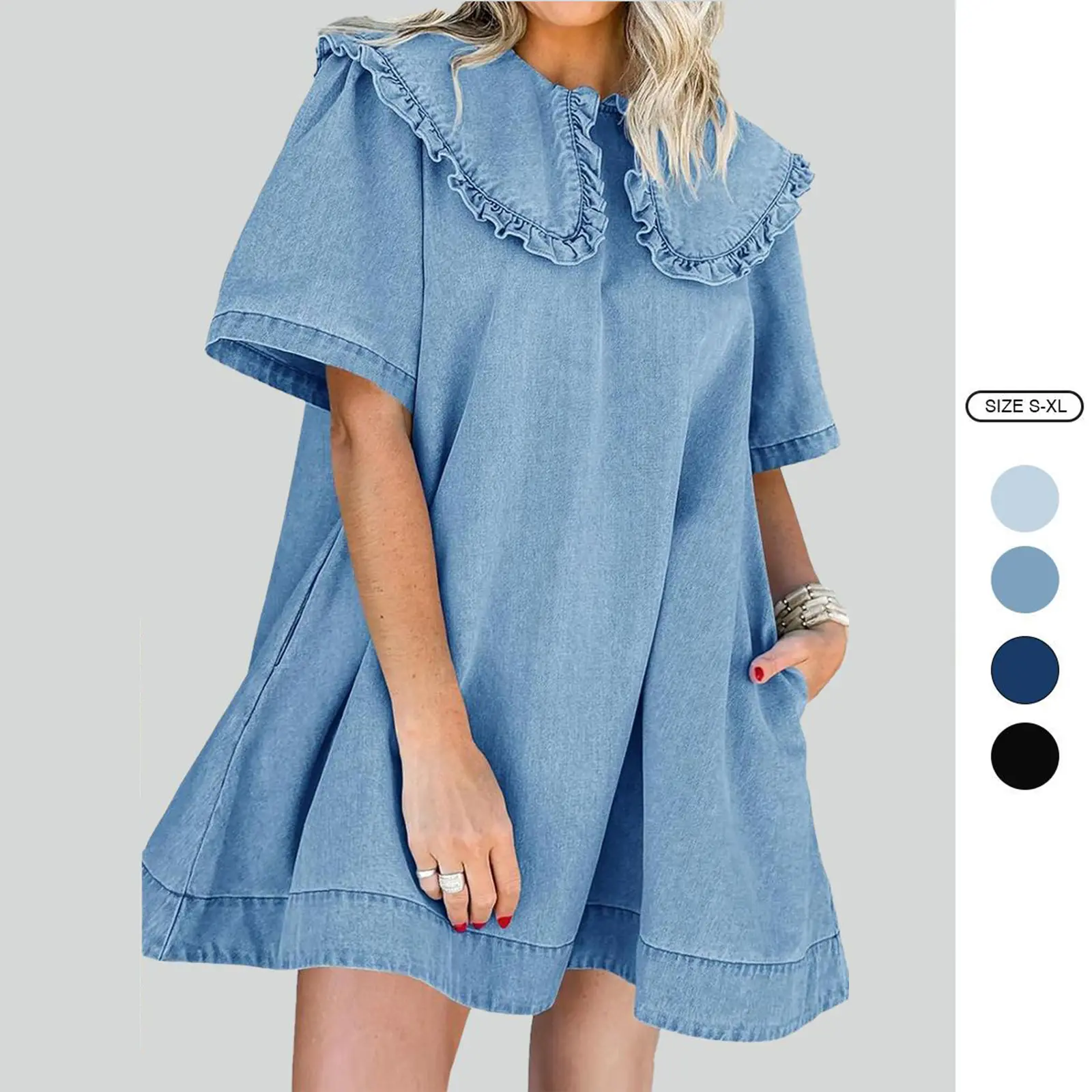 Imily Bela Womens Summer Denim Mini Dress Oversized Peter Pan Collar Short Sleeve Casual Flowy Babydoll Jean Dresses