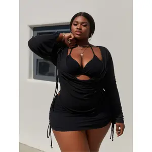 Women's Modest Plus Size 3 Piece Swimsuit 2026 Trendy Black Halter Bikini with Long Sleeve Mesh Cover Up Ruched Side Drawstring Skirted Bottom Tummy Control Soft Fabric for Beach Party Pool Daily Wear Ladies Summer Plus Size Swimwear