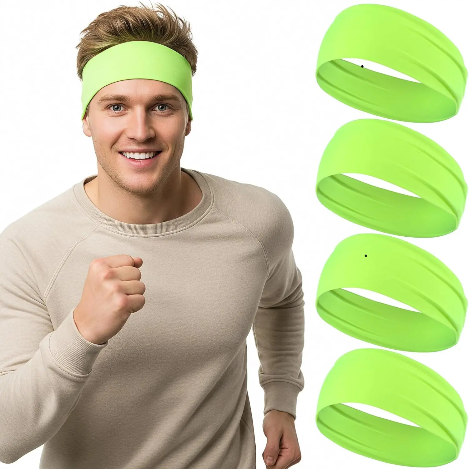 4 Pack Neon Green Sports Sweatbands for Men Women Non Slip Camo Headbands Double Layer Hairbands for Running Gym Basketball Fitness Workouts
