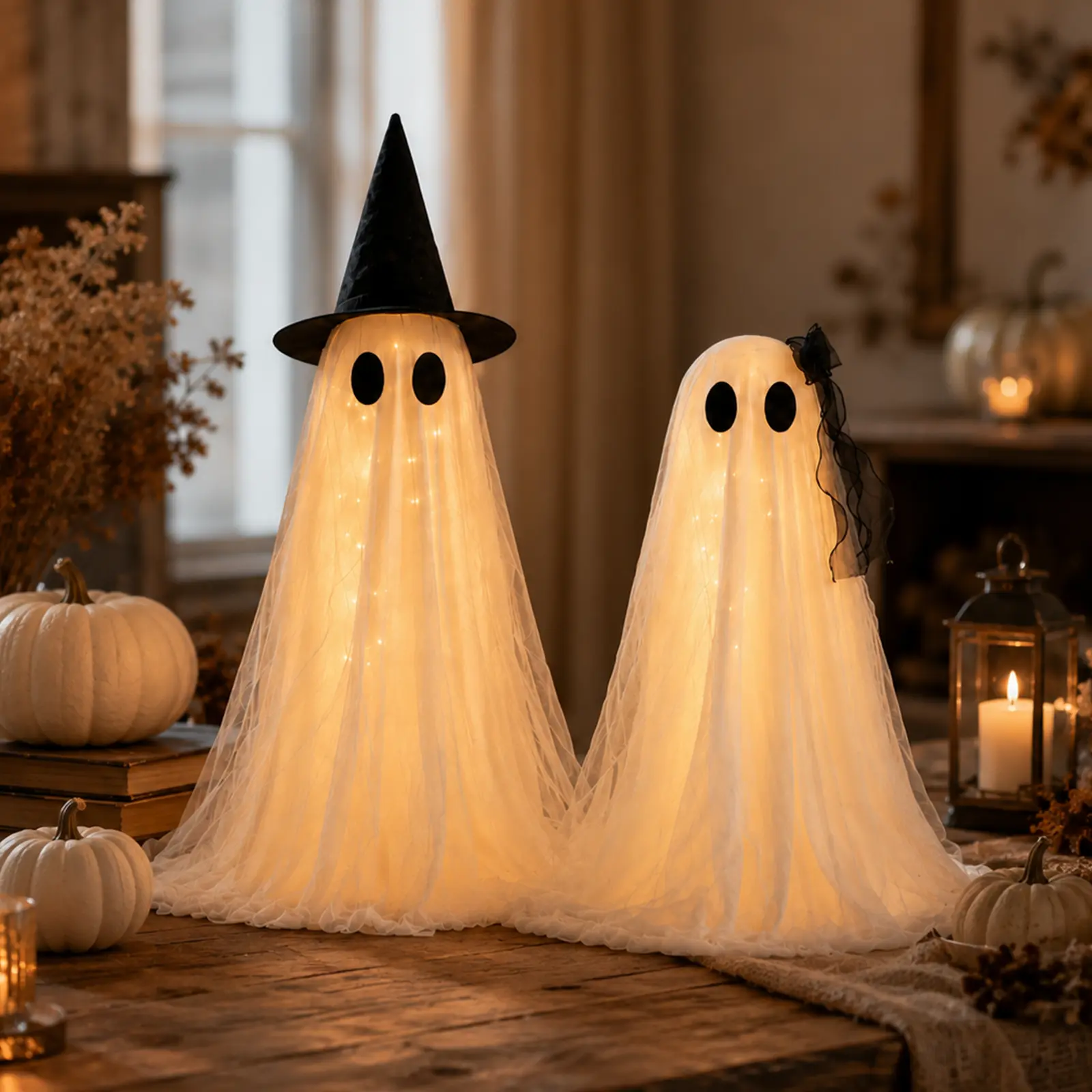 2Packs Halloween Decorations Indoor Ghost Kit - Halloween Party Decor with Upgraded fabric and Timer Remote Control, Ideal for Indoor Kitchen Room Office Home Table Cabinet Fireplace