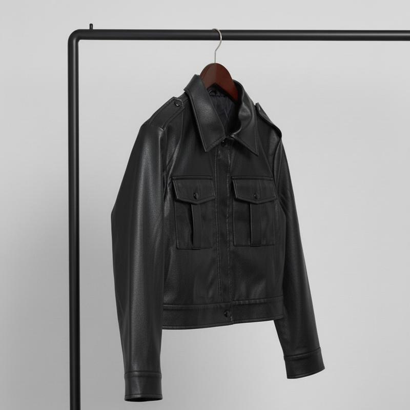 Lypobala Women's Black Faux Leather Cropped Jacket – Snap Button Front, Long Sleeve Moto Style