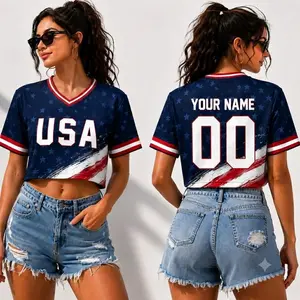 Women's USA Inspired Custom Name Number Crop Top Patriotic Summer Graphic T Shirt Casual Short Sleeve Tee