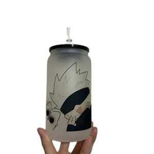Gojo jujutsu kaisen  Glass Cup Bamboo Drinkware Lid Tumblers Portable Sturdy