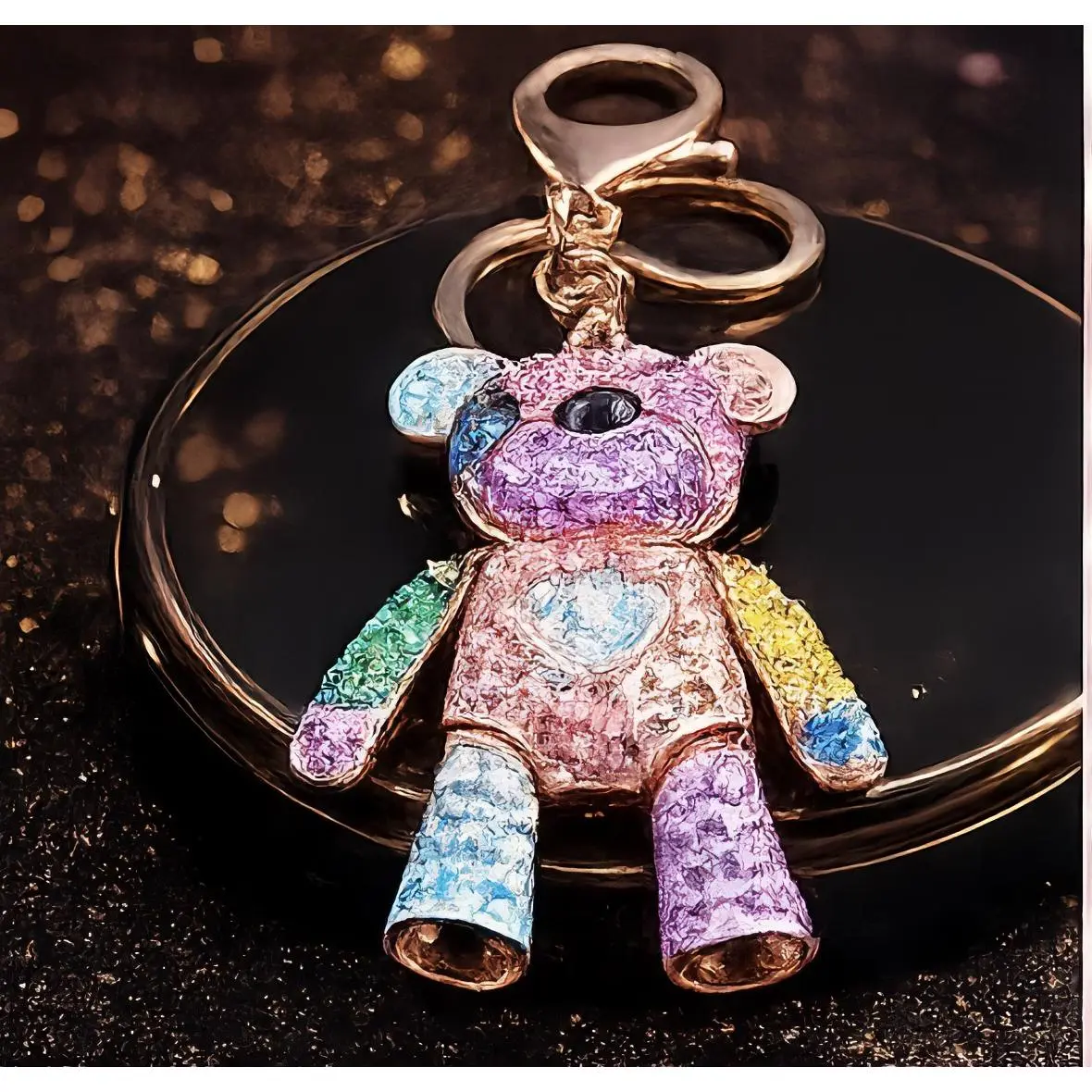 Rhinestone Bear Keychain - Pink Rhinestone Bear with Heart Design, Ideal for Keychains and Accessories Natural Crystals