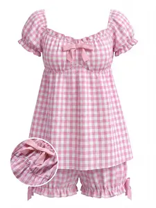 Pink 1960s Bow Gingham Ruffle Pajama Set summer vacation outfits