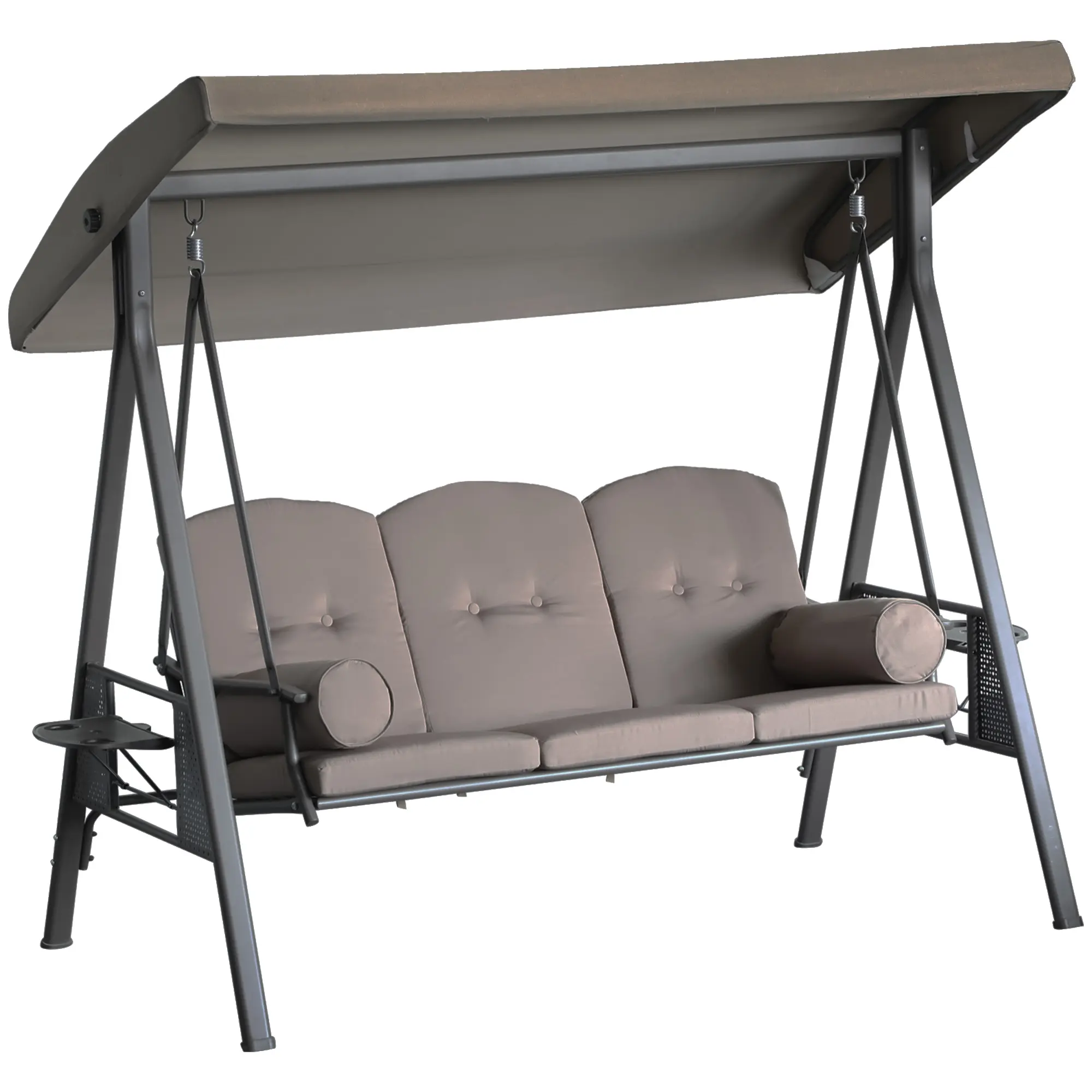 Outsunny 3-Seat Patio Swing Chair, Outdoor Porch Swing Glider with Adjustable Canopy, Removable Cushion, Pillows and Side Trays, for Garden, Poolside, Backyard, Blue