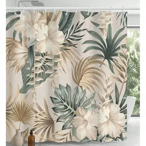 1pc Gold & Green Floral Waterproof Polyester Printed Shower Curtain, Includes 12 Hooks, Bathroom Accessory & Decor, Home Bathroom Decoration, Autumn Decor, Bathroom Accessory, Back To School Season