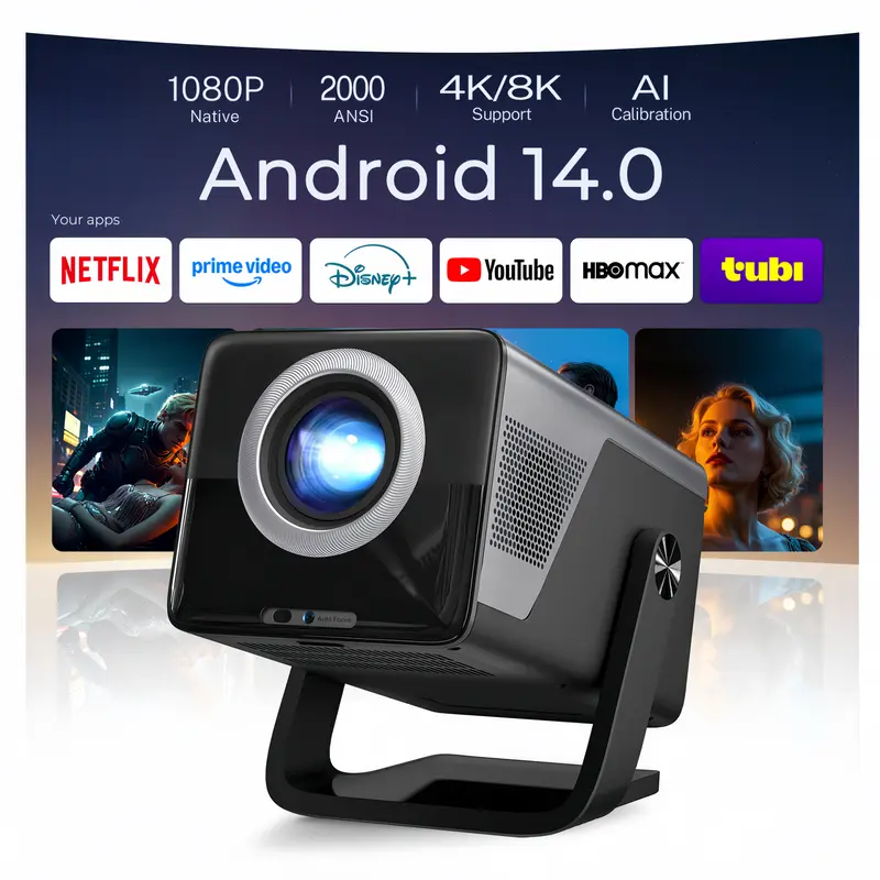 [2000 ANSI Daylight Visible] X7 Native 1080P Smart Video Projector 4K 8K Input, Android 14 Projecteur Portatif with HiFi Sound, Auto Focus & Keystone, WiFi Bluetooth Home Theater Netflix