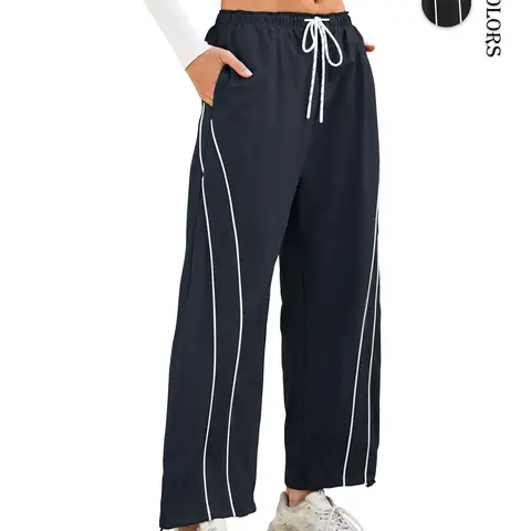 Aswulk Womens Wide Leg Track Pants Drawstring High Rise Striped Elastic Waist Baggy Pants With Pockets