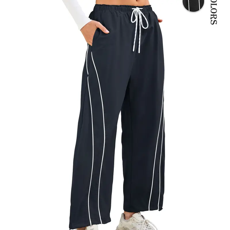 Aswulk Womens Wide Leg Track Pants Drawstring High Rise Striped Elastic Waist Baggy Pants With Pockets