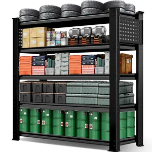5 Tier Heavy Duty Garage Storage Shelf, Adjustable Metal Tool Organizer Rack, Wire Mesh & Solid Steel Plate Dual Style Black Industrial Storage Shelving Unit For Workshop Warehouse
