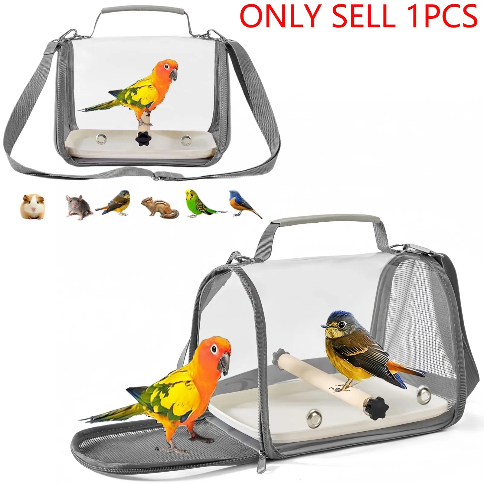Portable Small Pet Travel Cage with Tray, Animal Carrier, Transparent Bird Shoulder Bag, Comfortable Breathable, Suitable for Various Birds and Small Reptiles