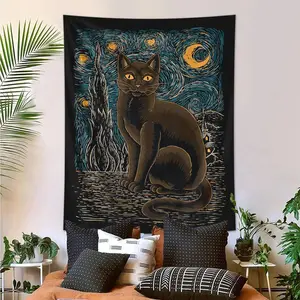 Cat & Starry Night Pattern Tapestry, Tarot Card Retro Cat Tapestry, Wall Hanging Decoration for Home Living Room Bedroom Dormitory