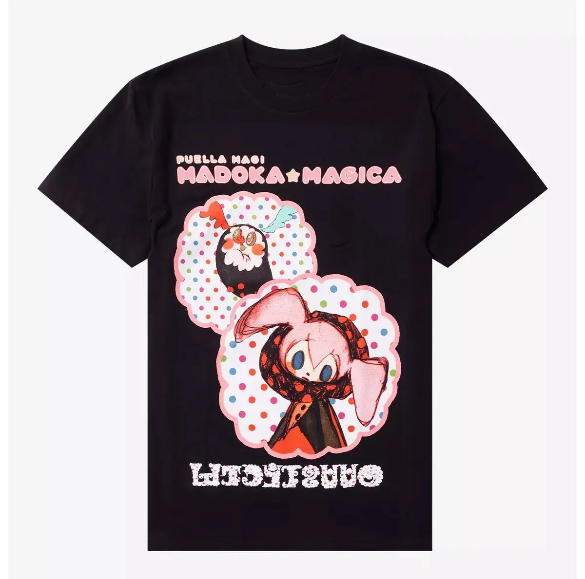 Madoka Magica Bebe Character T-Shirt, Cute Pink Anime Graphic Tee with Polka Dots and Pastel Vibes, Perfect for Magical Girl Fans, Gifts, or Cosplay