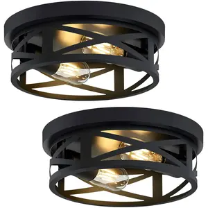Black Flush Mount Light Fixture Set of 2, Industrial Farmhouse Style Metal Cage Design Black Ceiling Light Fixture, E26 Socket Compatible (Diameter 10.63") for Kitchen Hallway Corridor