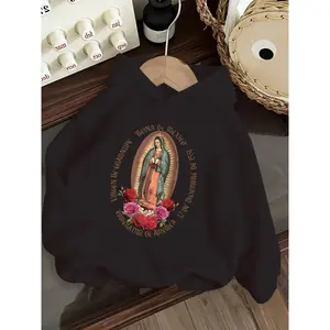 Girls' Mexican Virgin of Guadalupe Hooded Sweatshirt - Vibrant Pink Religious Apparel with Spanish Text, Cozy Fall/Winter Pullover for Catholic Girls, Soft Texture Fabric, Winter Clothing, Casual Outfits & Family Events (Machine Washable)