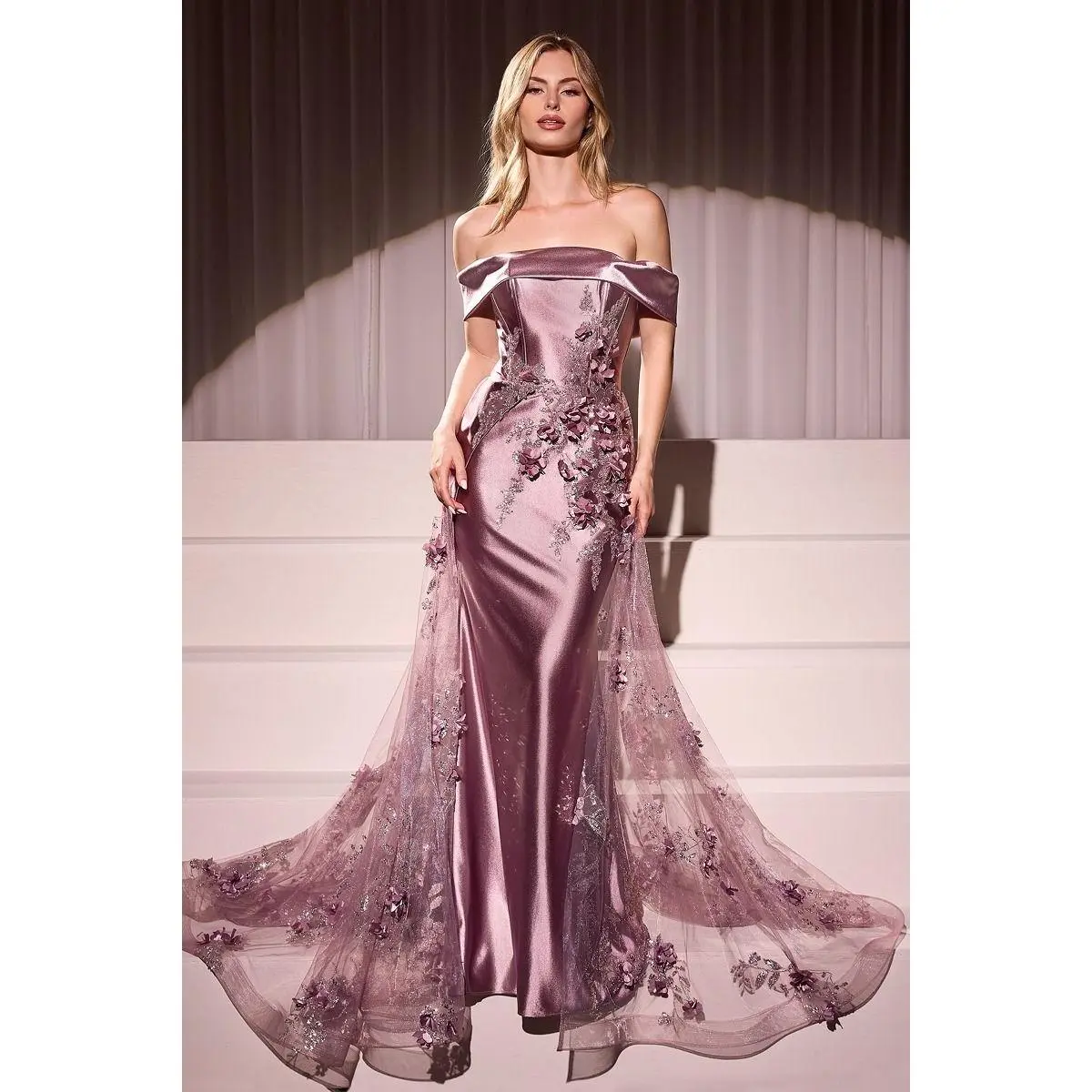 Cinderella Divine -J876 Embellished Satin Fitted Gown With Tulle Overskirt