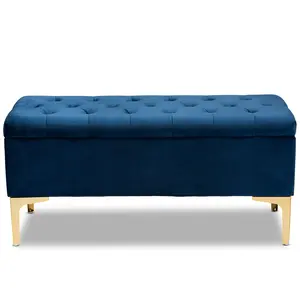 Valere Navy Blue Fabric Gold Finished Storage O ttoman
