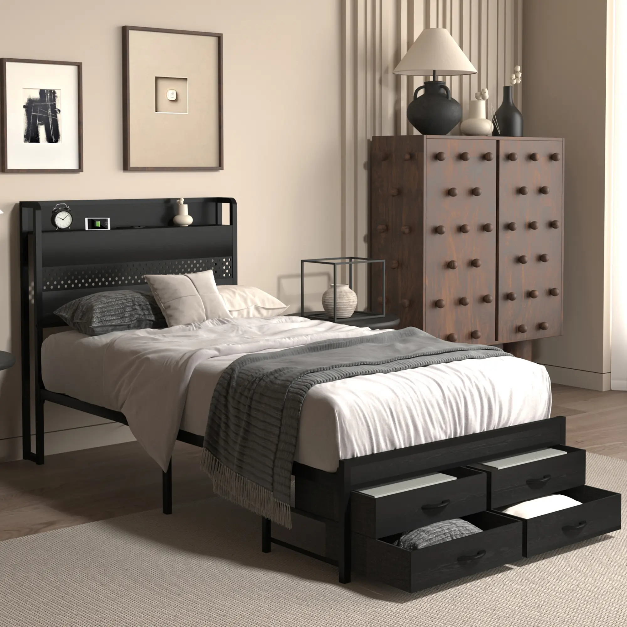 Black Twin Size Metal Platform Bed Frame with Storage Headboard, 4 Drawers, Charging Station, LED Light, Heavy-Duty Furniture with Strength and Stability, Noise-Free, No Box Spring Needed