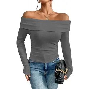 Women's 2026 Sexy Off Shoulder Long Sleeve Slim Fit Top, Fashion One Shoulder Casual Tee Shirt, Soft Stretchy Base Layer for Daily Streetwear Party & Vacation Outfits