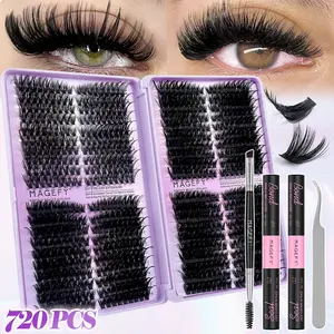 MAGEFY 720pcs DIY Eyelash Extension Kit - D Curl Lash Clusters, Complete Set with 2 Bond & Seal Glues, Eyelash Tweezers & Eyeliner Brush, 8-16mm Mixed Lengths, Reusable & Lightweight, Easy at-Home Application for Voluminous Dramatic Eye Makeup
