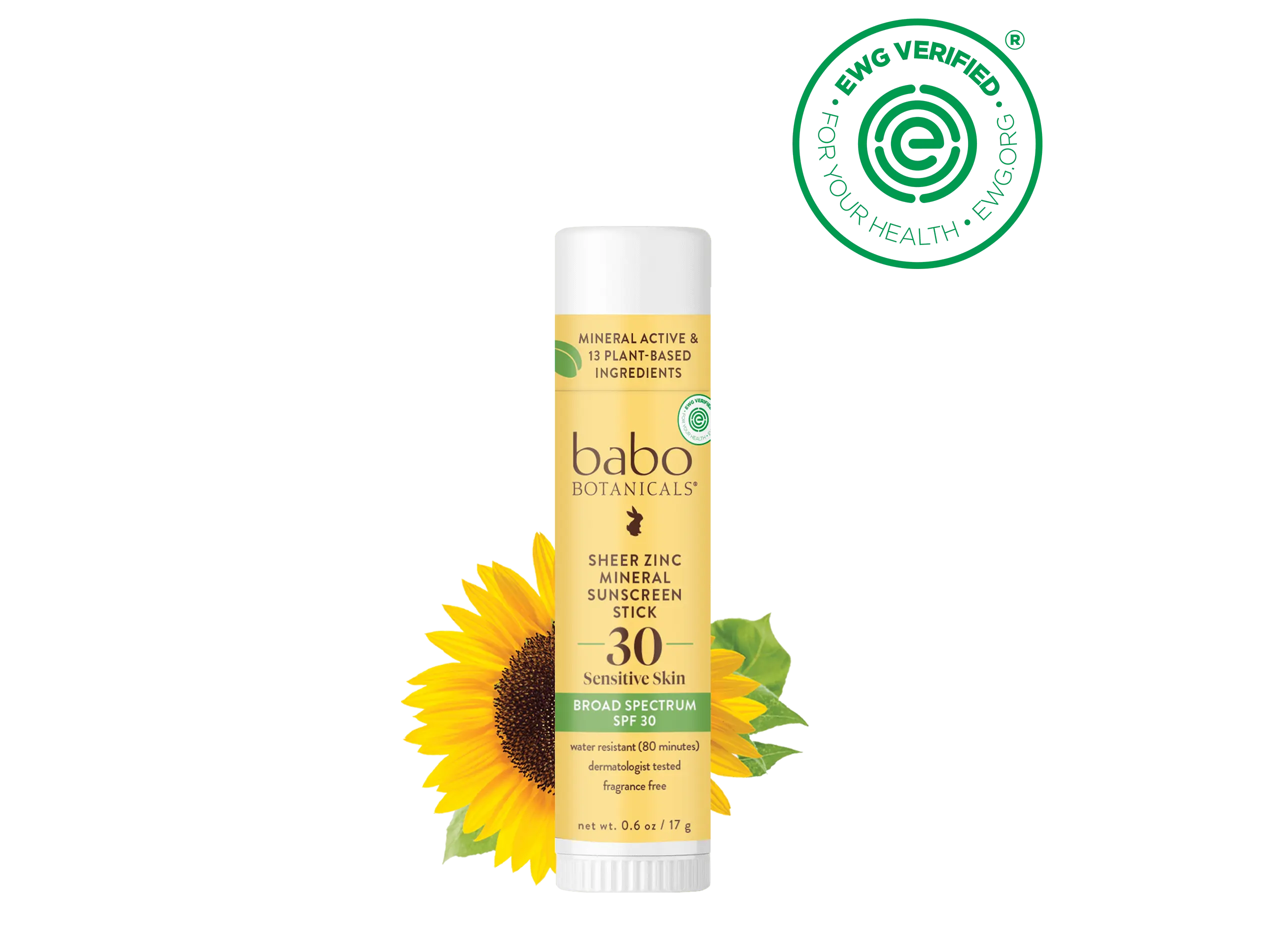 Babo Botanicals Sheer Zinc Mineral Sunscreen Stick SPF 30 for Sensitive Skin - Mineral Active & 12 Plant-Based Ingredients, Water Resistant up to 80 Minutes, Dermatologist Tested, Fragrance Free, 0.6 oz (17 g)