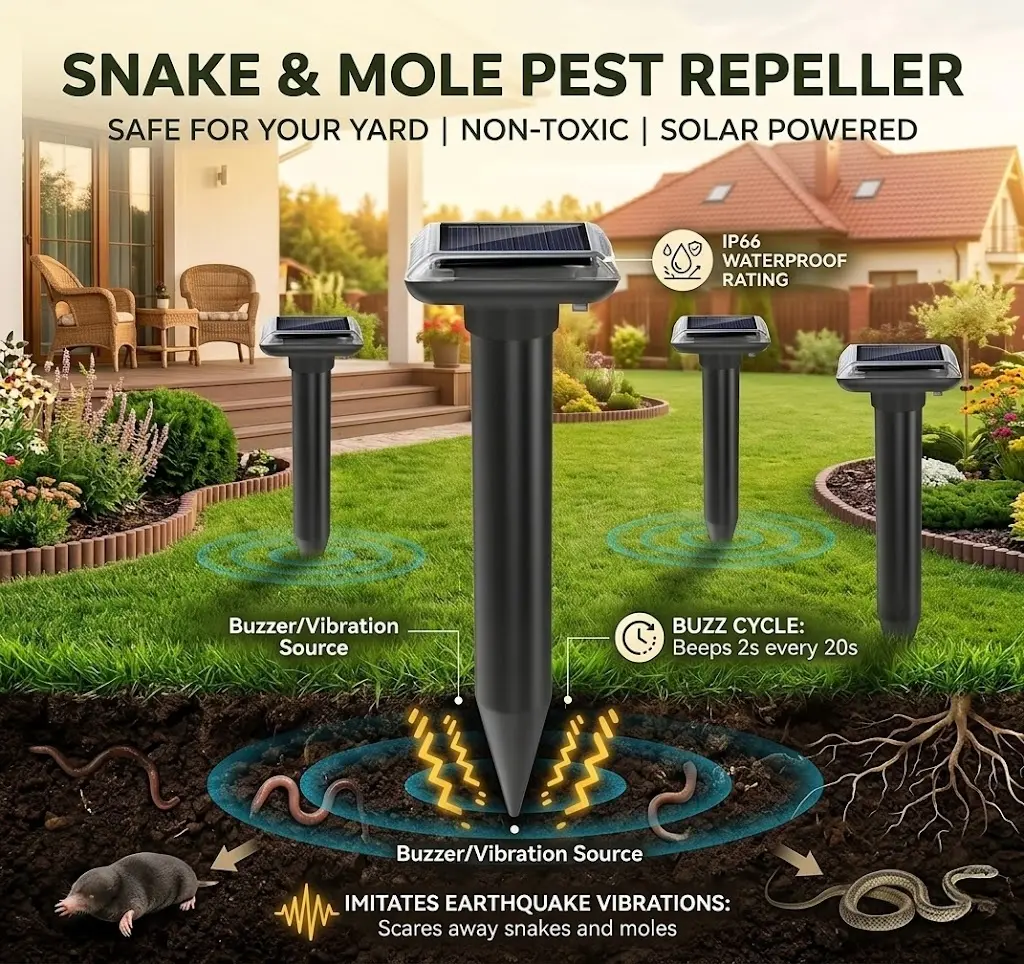 SAIJZEK Outdoor Solar-Powered Ultrasonic Pest Repellent 2-Pack/4-Pack, Upgraded IP66 Waterproof Deterrent for Snake, Mole, Rabbit, Skunk, Gopher, Groundhog& Vole in Lawn & Garden Insect Repellent mouse Home Pest Control, Racoon Repellent Outdoor, Raccoon