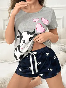 Cute Cow Print Light Gray Top & Navy Shorts Women's Pajama Set Breathable Fluffy Cotton Elastic Waist Loose Fit Heart-Warming Design Comfortable Nightwear Soft Fabric Shortsleeve Loungewear Homewear Pjs Pyjamas