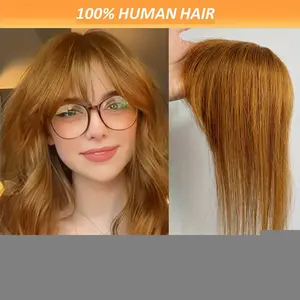 Fashionable New Women's Human Hair Straight Topper Hair Extensions with Bangs - # 30 Golden Brown & Bleach Blonde T-Part Clip-In, Natural Look for Daily Use, Thin Hair & Bald Spots Coverage, Human Hair for Versatile Styling (No Damage)