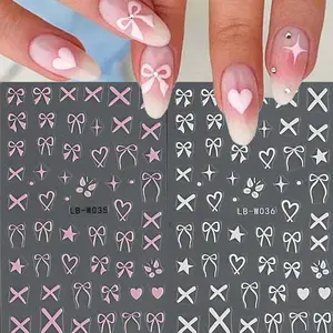 2pcs 3D Nail Ribbons Sticker |   Pink White Bows Nail Charms Cute Bowknot Decals Y2K Nail Design Siders Kawaii Additions Nail Stickers, Self, Cartoon Theme, Glossy End