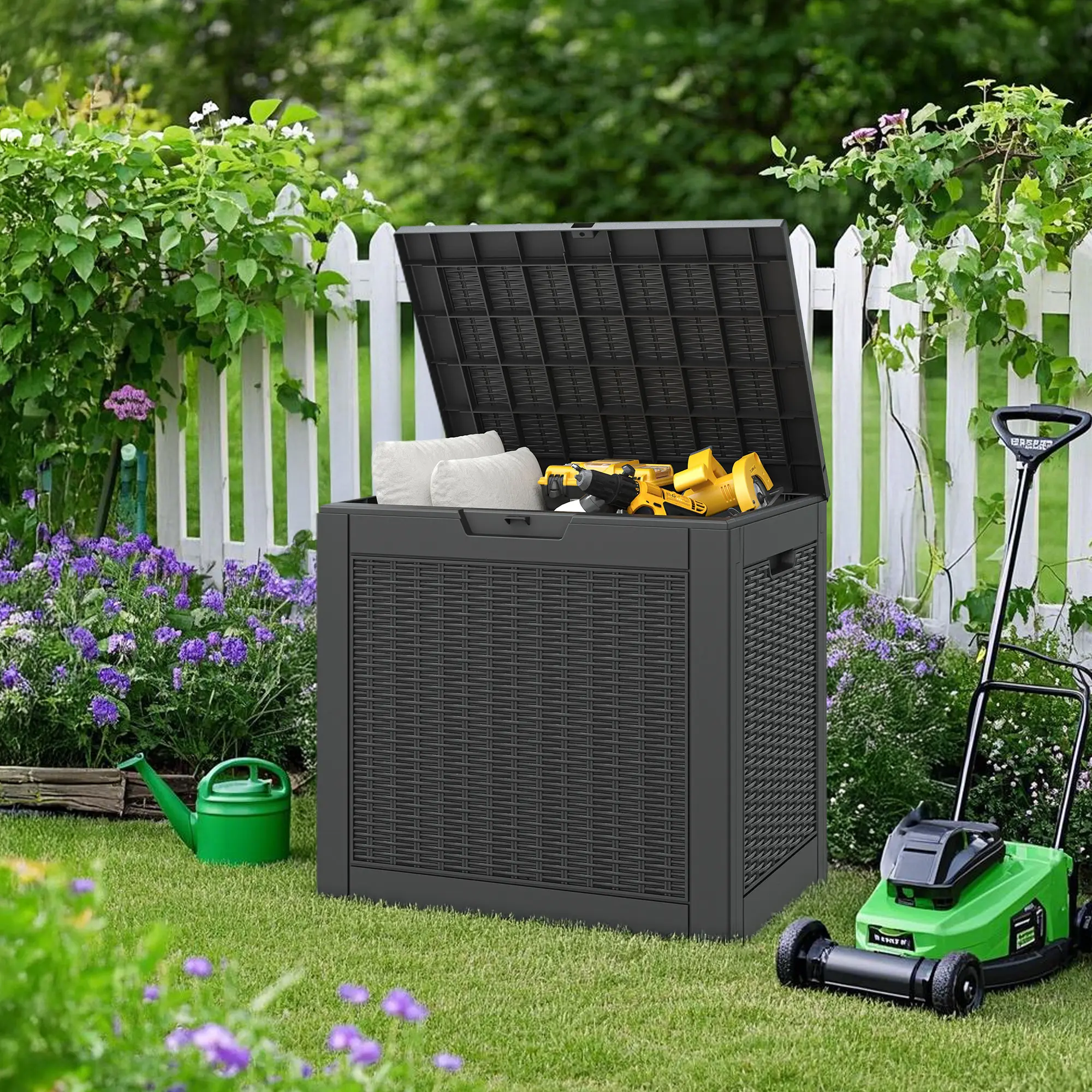 RIWENGO 31 Gallon Outdoor Storage Box Large Resin Storage Cabinet for Gardening Tools Patio Pillow Lockable Waterproof UV Resistant summergarden