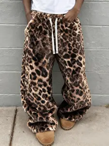 Unisex Leopard Print Fleece Pants, Fitted Bottoms, Soft Rabbit Fur Fabric, Fall Winter Warm Comfort, Street Hip Hop Style, Daily & Outdoor Wear