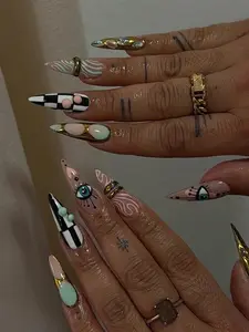 Abstract Eye Press On Nails | Gold Accent Art | Long Stiletto Handmade Luxury Nails