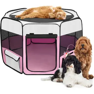 Dog Playpen Portable Pet Play Pens for Puppies, Cat, Rabbit, Chicks, Foldable Exercise Play Tent Kennel Crate, Indoor/Outdoor Travel Camping Pink Small