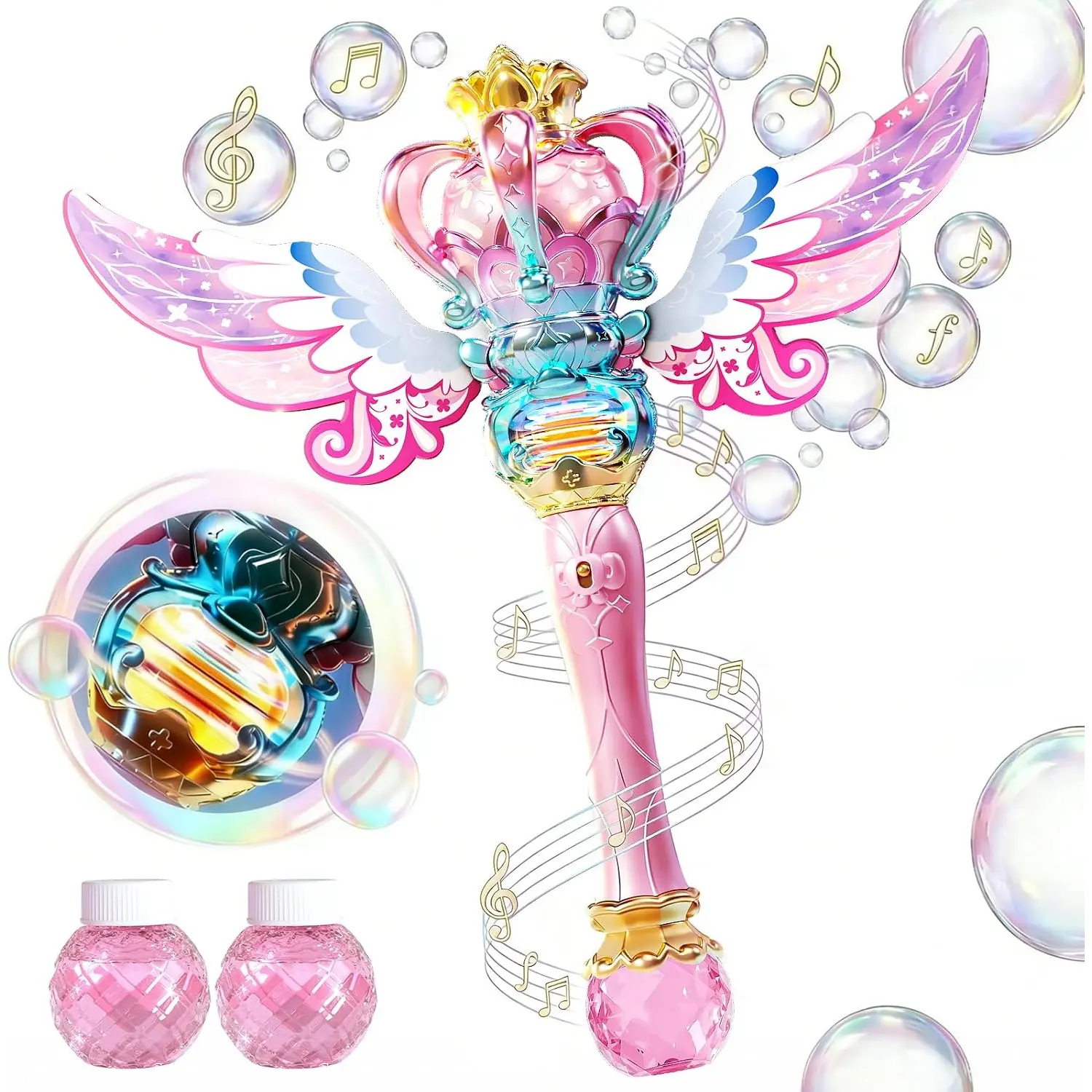 Spinning Light Up Princess Bubble Wand for Girls(Pink)