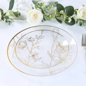 Set of 20 Plastic Round Dinner and Dessert Plates 8", 10" Clear with Metallic Gold Floral Design - Chic Disposable Dinnerware