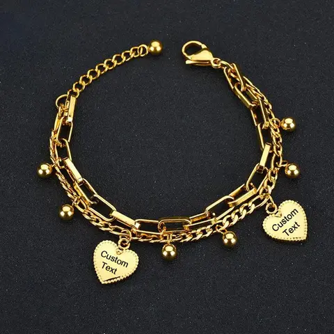 HZB32 Customized Engraved Names Personalized Women Bracelets Fashion Double Layer Two Peach Heart Bracelet Stainless Steel Couple Inscribed Bracelet