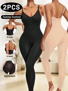 2 PCS Women's Full Body Shapewear Bodysuit V Neck U Back Adjustable Straps Tummy Control Butt Lifting Thigh Slimming Seamless Stretchy Invisible Under Clothes Daily Wear Body Shaper