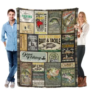 Fishing Themed Blanket, Soft Comfortable Warm Flannel Throw Blanket, Cool Bedroom Bedding Blankets for Home Office Travel Camping, Gift for Fishing Lovers, Cozy Chic Blanket