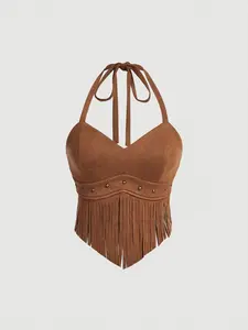 LUSHLACE Tassel Halter Top Vintage Brown Y2K Boho Summer Festival Outfit