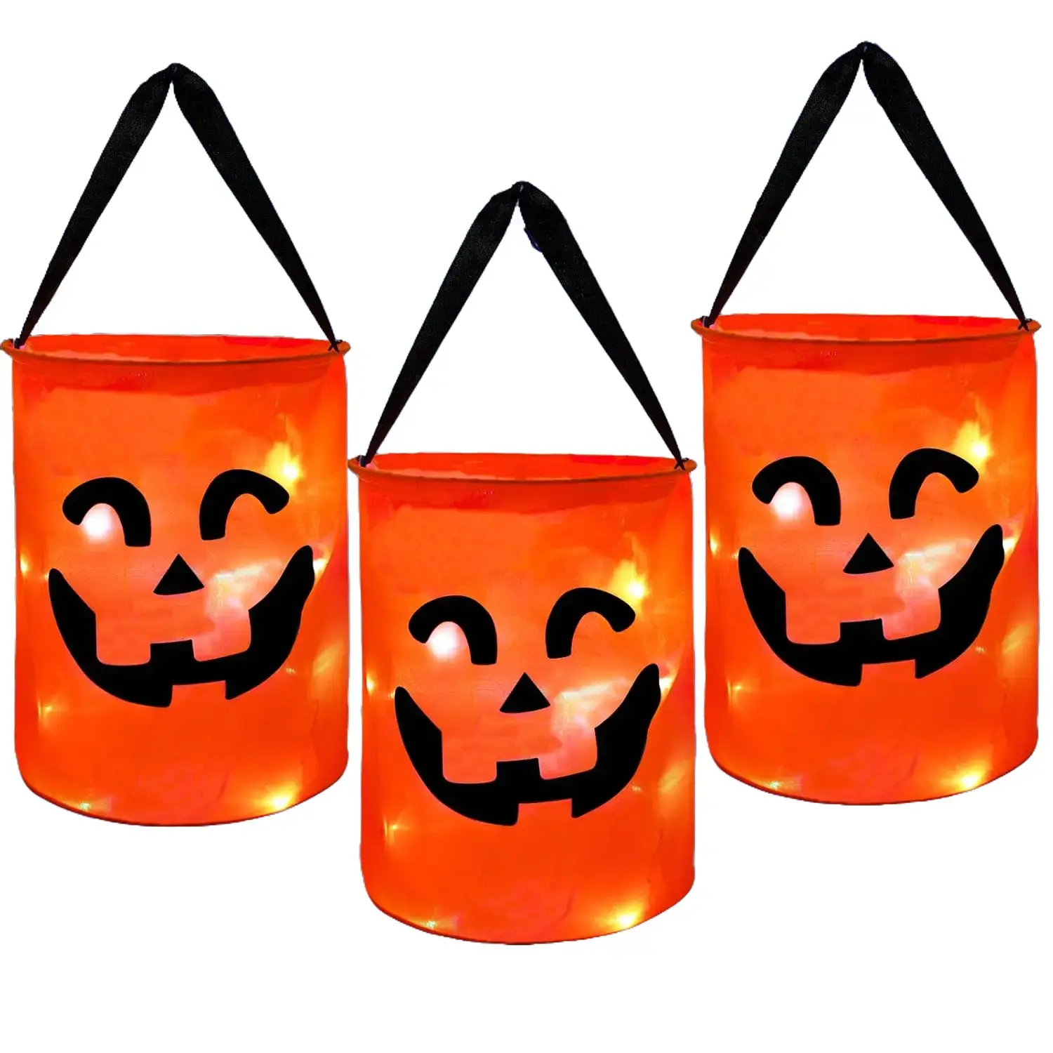 3 Pcs LED Light Up Halloween Candy Bags, Pumpkin Trick or Treat Buckets, Multipurpose Halloween Goodie Bags for Kids, Party Favors, Orange